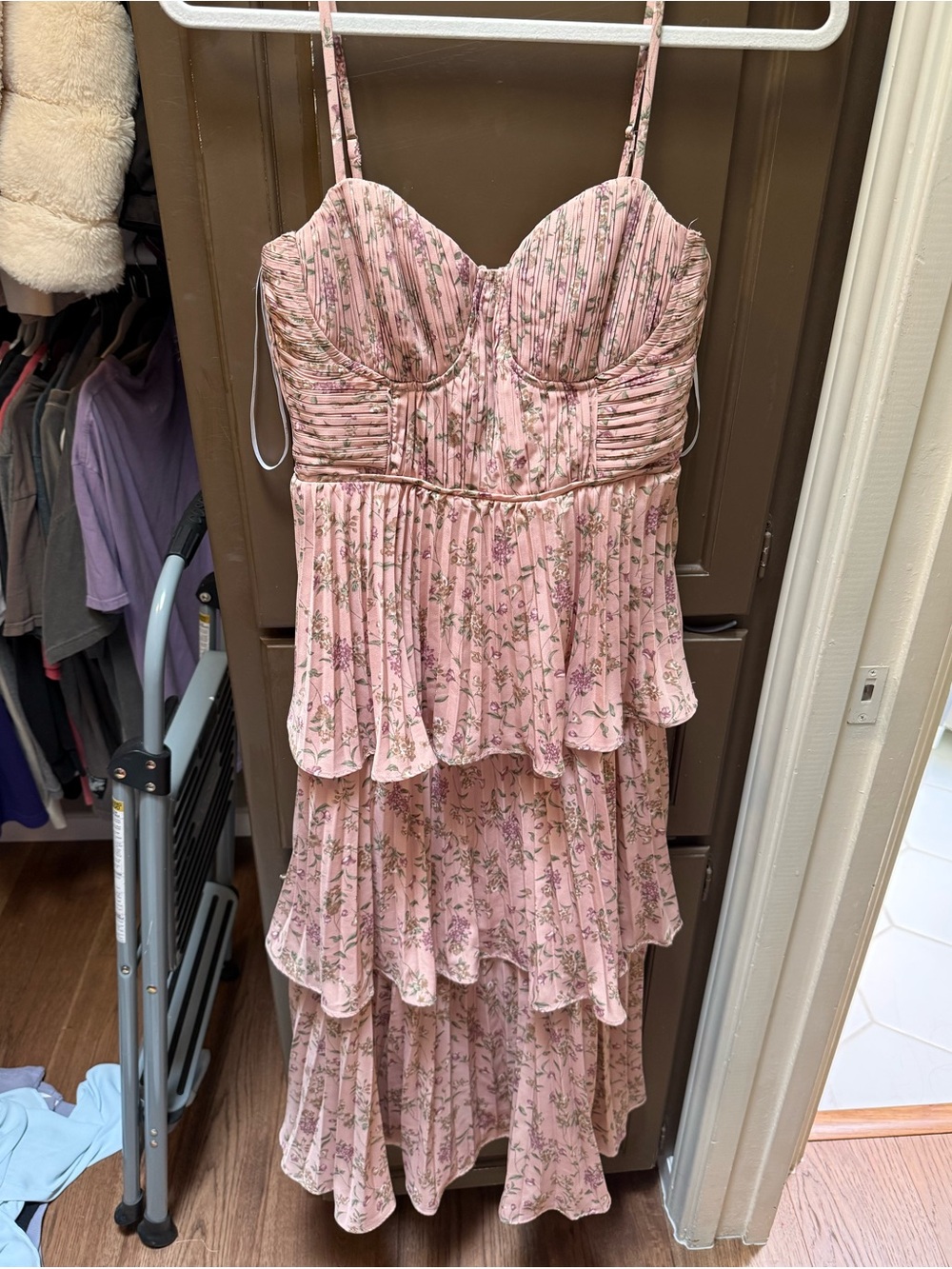 Lulu's Pink Floral Tiered One-Shoulder Dress